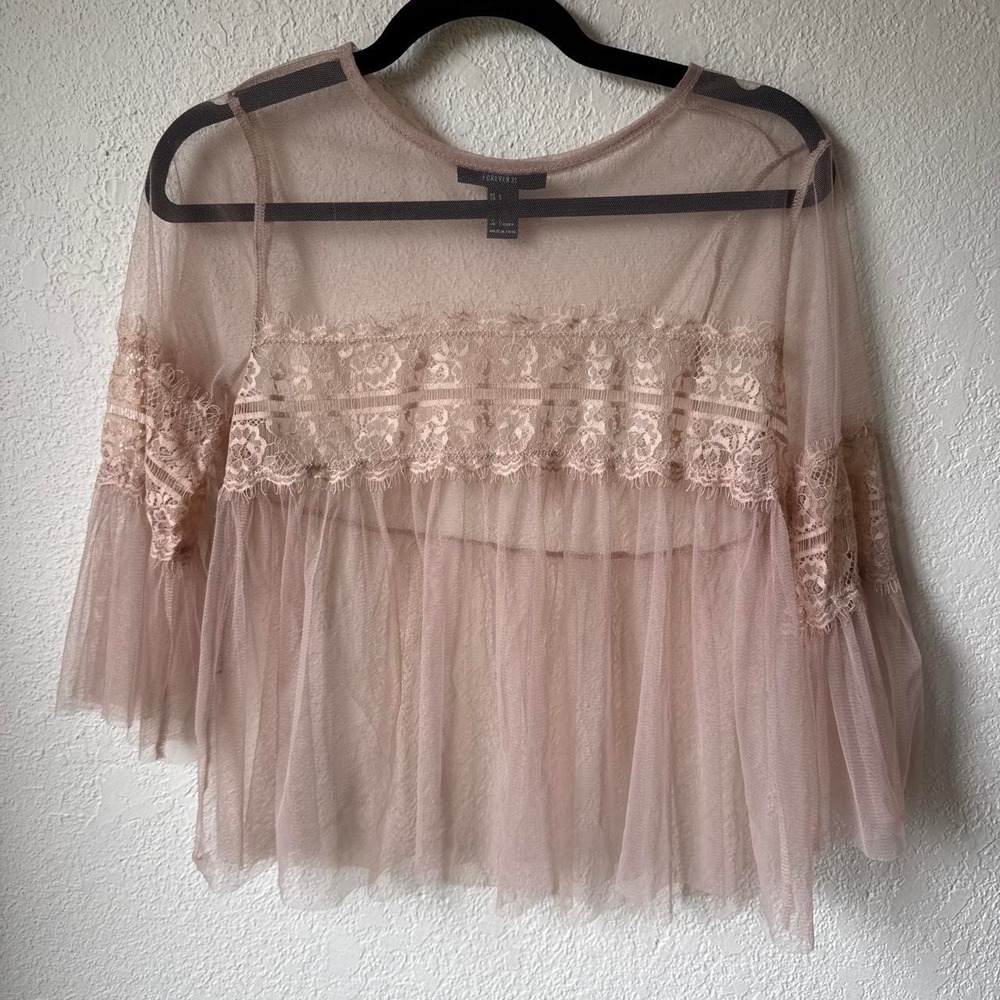 Forever 21 Pink Lace Mesh Bell Sleeve Boho Tiered Blouse Top L